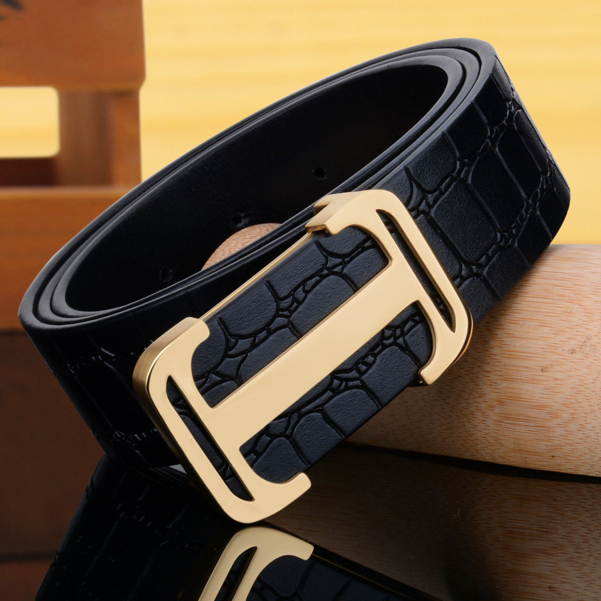 新款 皮带男真皮正品平滑扣中青年休闲头层牛皮百搭简约h扣男腰带