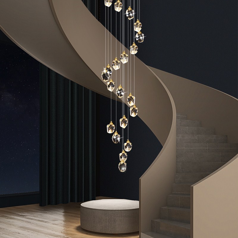 旋转楼梯间长吊灯后现代轻奢复式loft别墅挑空大客厅水晶全铜吊灯