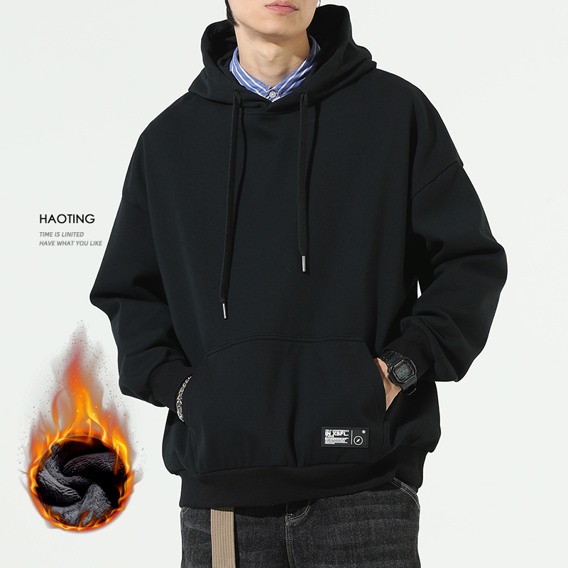 秋冬季加绒加厚黑色连帽卫衣男套头潮流宽松大码百搭休闲学生上衣