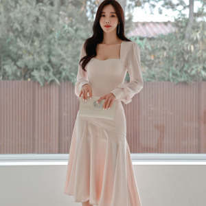 2022 spring new Korean style fashionable temperament elegant slim atmosphere long sleeve A-type long skirt dress