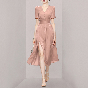 2021 new celebrities high sense V-neck mesh waist closing to show thin temperament high-end split medium length dress