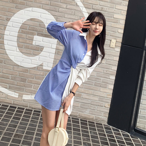 Korean fashion temperament elegant thin stripe stitched shirt skirt dress