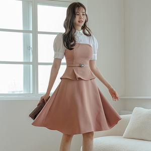 2022 spring and summer new Korean fashion temperament commuting thin sexy fake two piece big swing dress