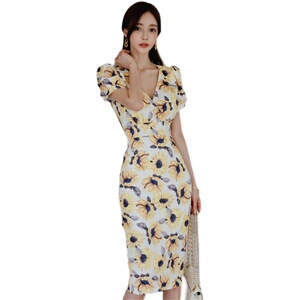 Elegant slim sexy V-neck medium long print bright dress