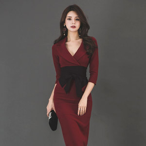 2022 spring new celebrities color matching dress temperament slim professional dress Hip Wrap Skirt