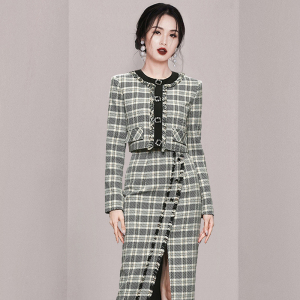 2022 spring clothes Xiaoxiang style pattern jacket high waist sexy thin skirt two-piece suit handsome