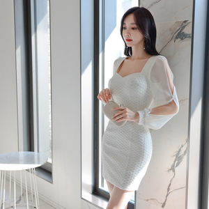 Korean version fashion temperament elegant thin pure color Chiffon sleeve commuter short dress