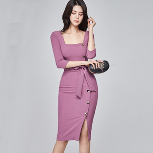 Korean fashion temperament Square Neck Lace Up waist slim wrap buttock bottomed dress