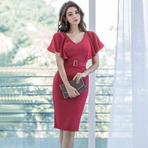 Elegant slim waist sexy celebrity V-neck bottom dress