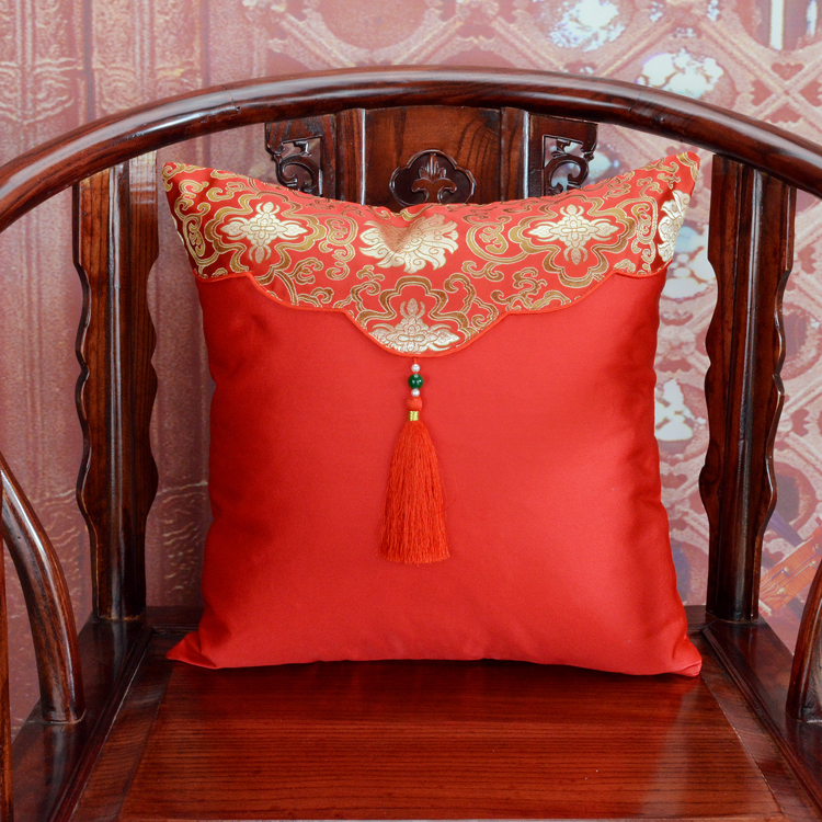 中式古典沙发流苏靠垫绸缎红木沙发抱枕靠枕婚庆喜庆新年红色黄色