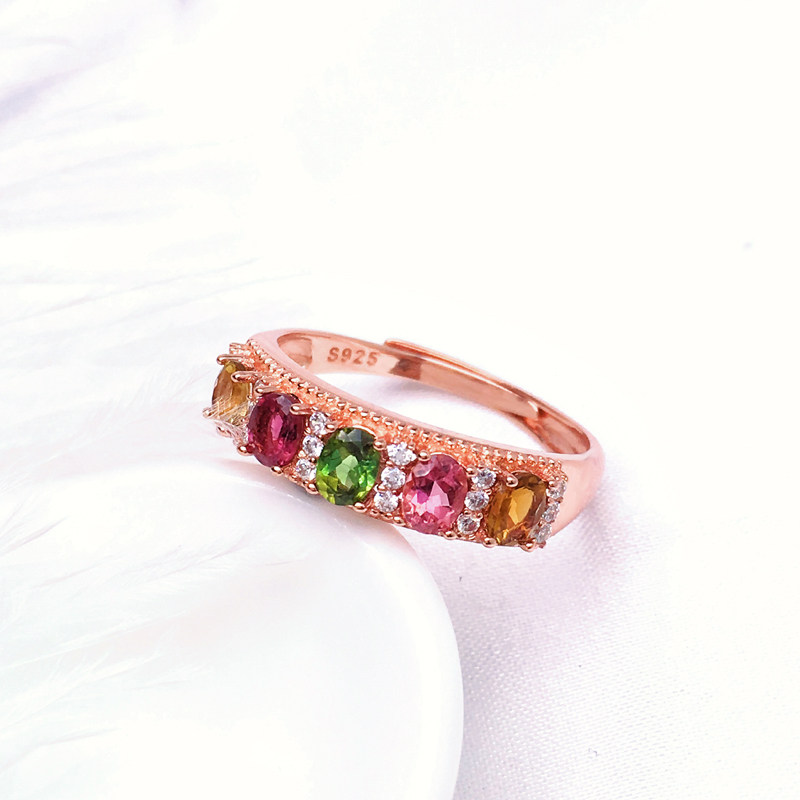 招财天然碧玺戒指925纯银彩色宝石排戒女红绿黄水晶食指旺夫转运