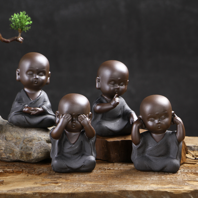 功夫茶摆件禅意可爱不看不听不说小和尚茶宠紫砂小沙弥陶瓷茶艺