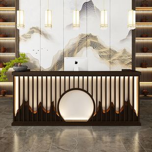 新中式收银台柜台简约现代茶楼吧台足疗养生美容院民宿前台接待台