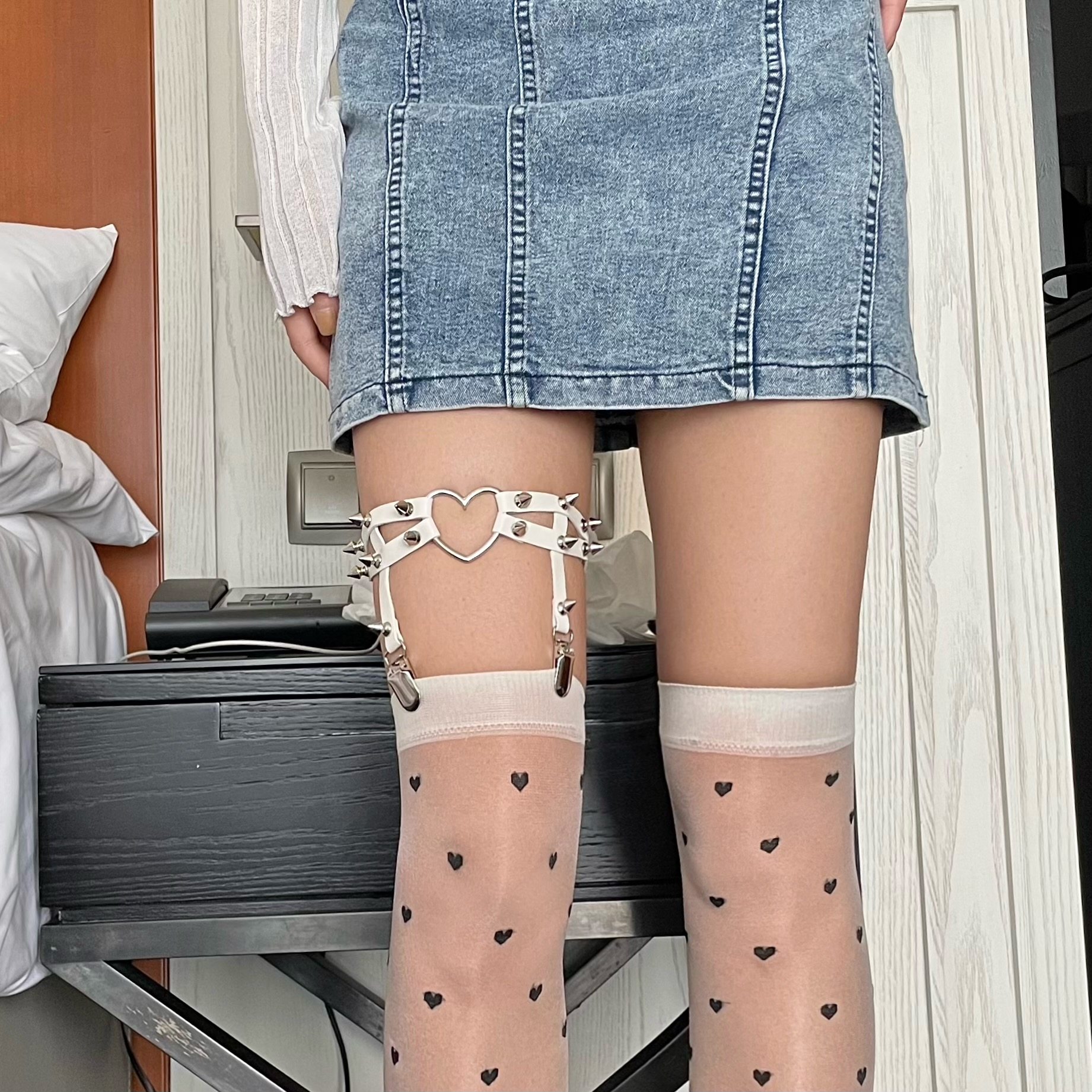 性感暗黑朋克风桃心铆钉腿环日系lolita软妹蕾丝小腿袜过膝袜腿夹