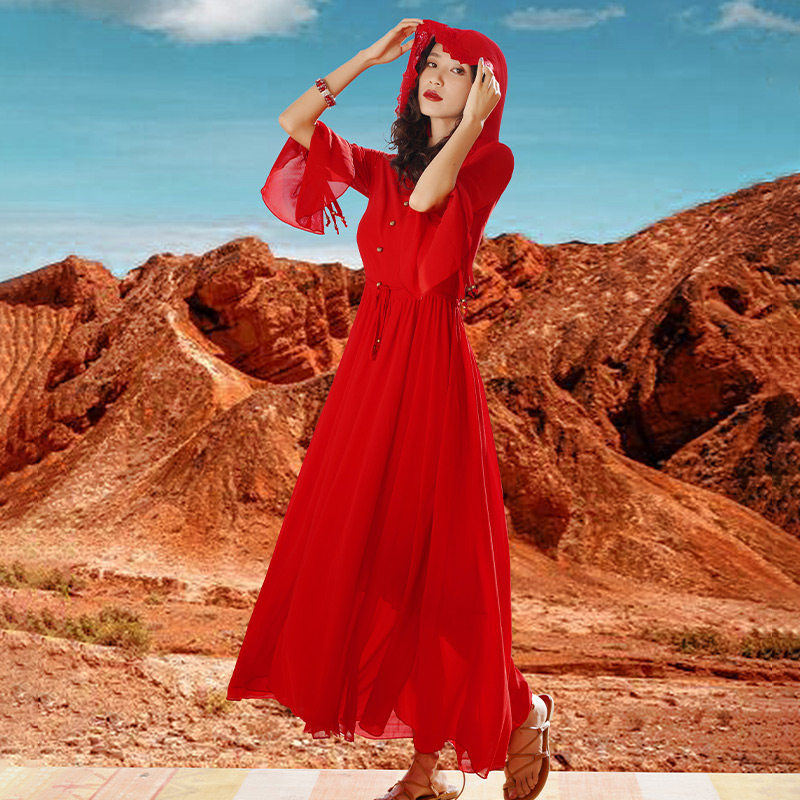 大红色长裙连衣裙
