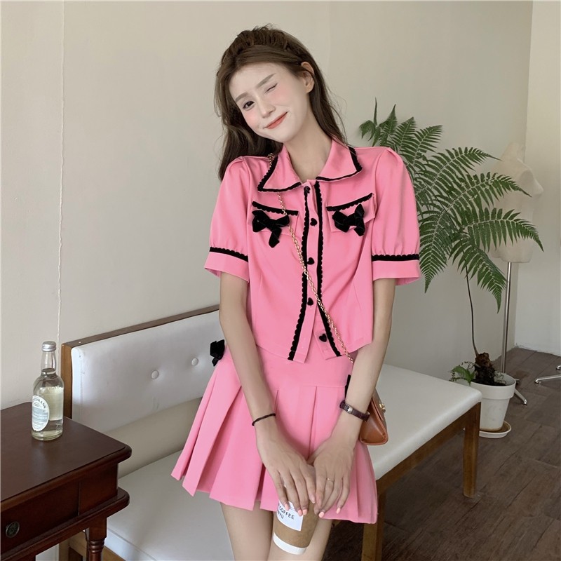 价法式蝴蝶小香风薄款设计感粉色短袖外套 百褶裙,女装短外套,新木子