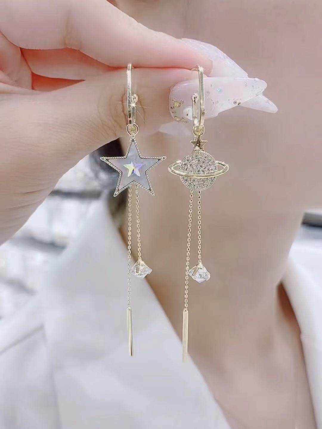 不对称星月耳环女夏季长款流苏网红气质s925银针耳饰2021新款潮