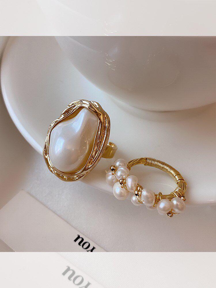 异形仿贝珍珠戒指女时尚个性感精致指环韩版ins潮网红食指戒