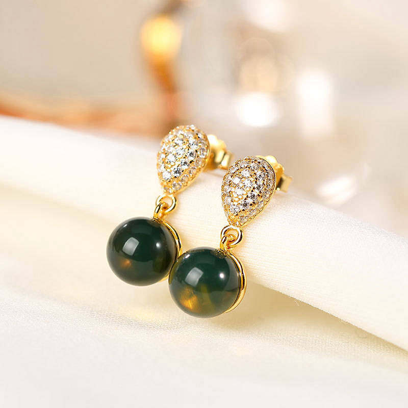 暹罗古韵s925纯银镀金镶嵌墨西哥天然蓝珀耳钉女士款圆珠耳坠耳饰