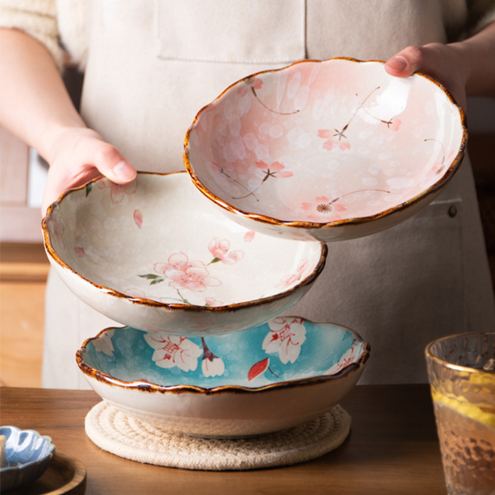 半房日式樱花陶瓷餐盘家用高颜值早餐盘沙拉盘子厨房饺子盘拉面碗