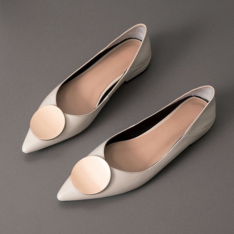 瓢鞋女2019夏新款尖头低跟洋气网红3cm软皮杏色气质韩版百搭单鞋