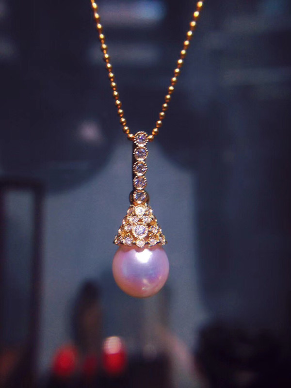 唐秋珠宝18k金镶嵌真钻石天然akoya日本海水珍珠吊坠项链