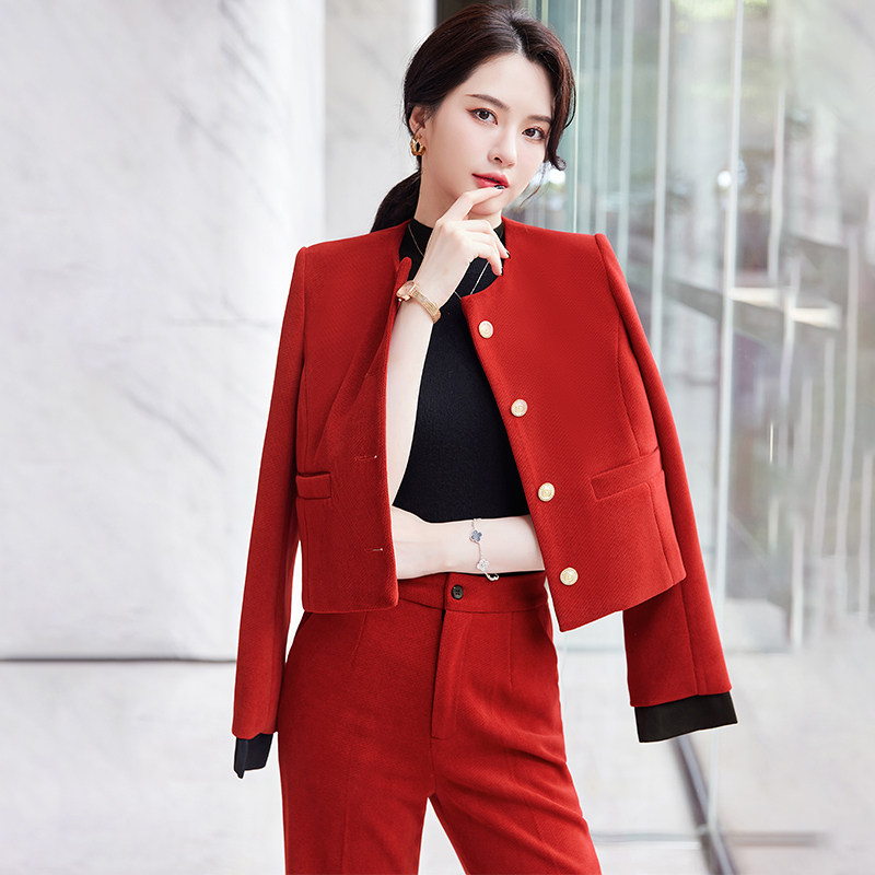红色短款西装套装女秋冬季2023新款小个子气质休闲小香风西服外套