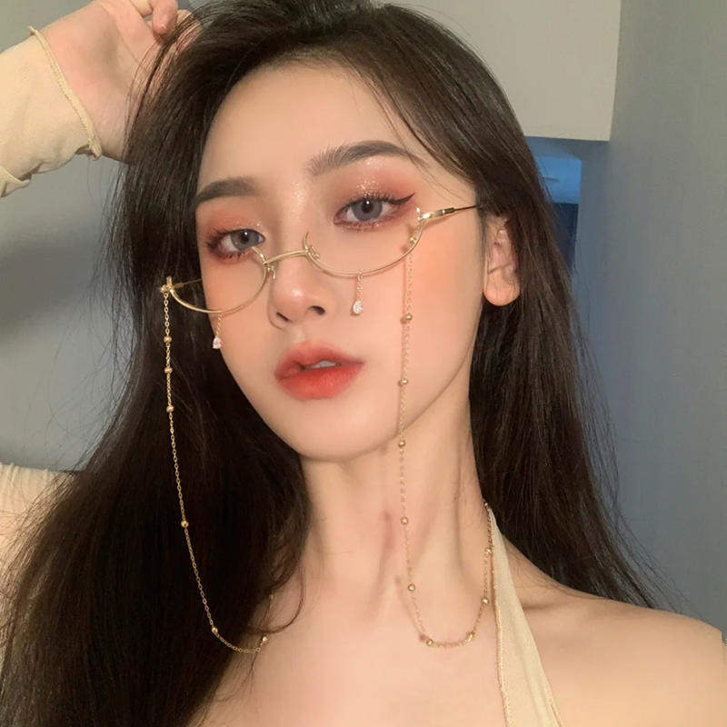 下半框眼镜无镜片日系带链子潮流抖音同款复古御姐二次元文艺挂脖