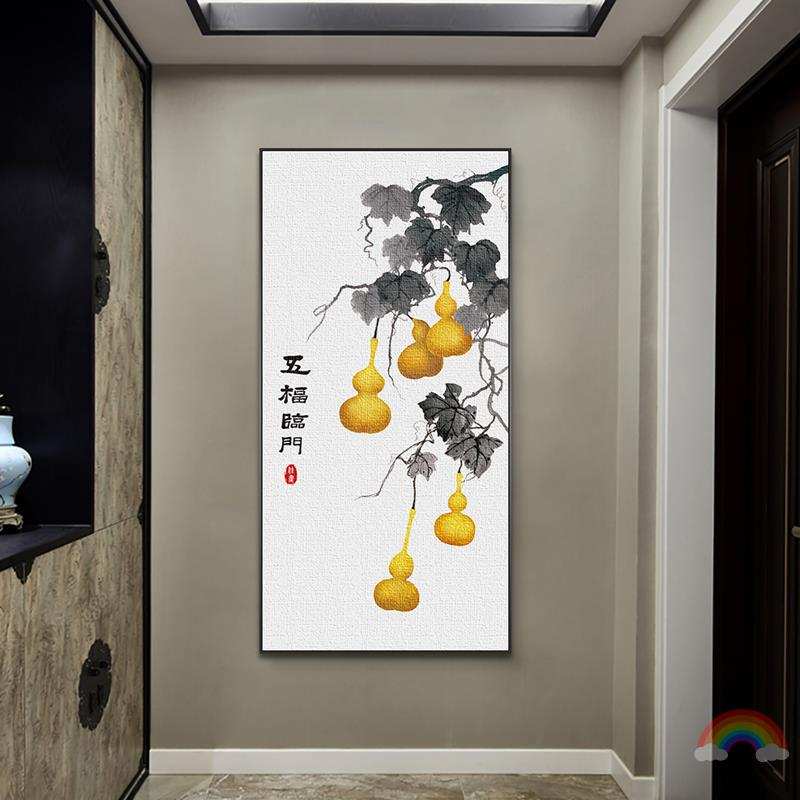 壁画新中式客厅挂画小户型入户门正对墙寓意好的入门玄关装饰画