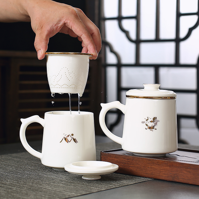 茶楼专用个人专用高档男士陶瓷茶杯带盖茶水分离高端手绘定制刻字