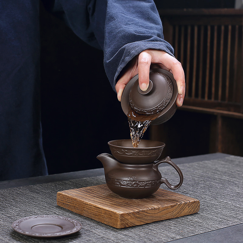 三才盖碗茶杯单个高档防烫复古功夫茶紫砂山水高端大号泡茶150ml