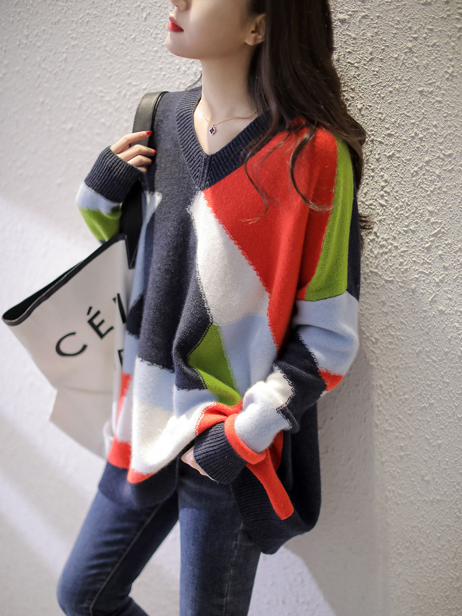 艺术写意色块 编织挂毛织法 os宽松羊绒羊毛毛衣优惠券