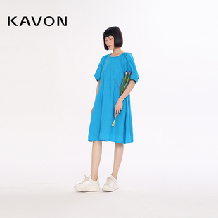 Kavon/卡汶多巴胺色彩亚麻凉爽舒适减龄高级感甜美泡袖A型连衣裙