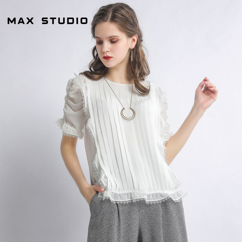 max studio2019春装新款时尚纯色显瘦衬衫韩版洋气灯笼袖衬衫