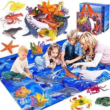 GINMIC Kids Ocean Animals Toys with Large Play Mat， 18 Pa