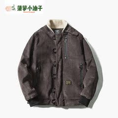 日系复古灯芯绒棉服 秋冬新款羊羔绒保暖外套修身立领休闲棉衣男