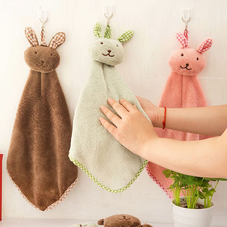 2条厨房浴室挂式擦手巾 可爱兔子吸水毛巾珊瑚绒擦手巾加厚洗碗布