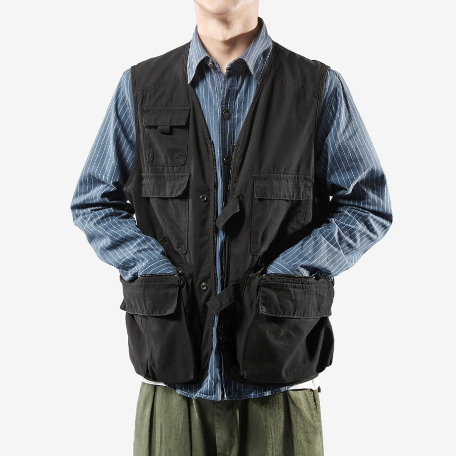 特价个性马夹背心黑色_美式复古多口袋工装机能马甲男潮牌个性潮流