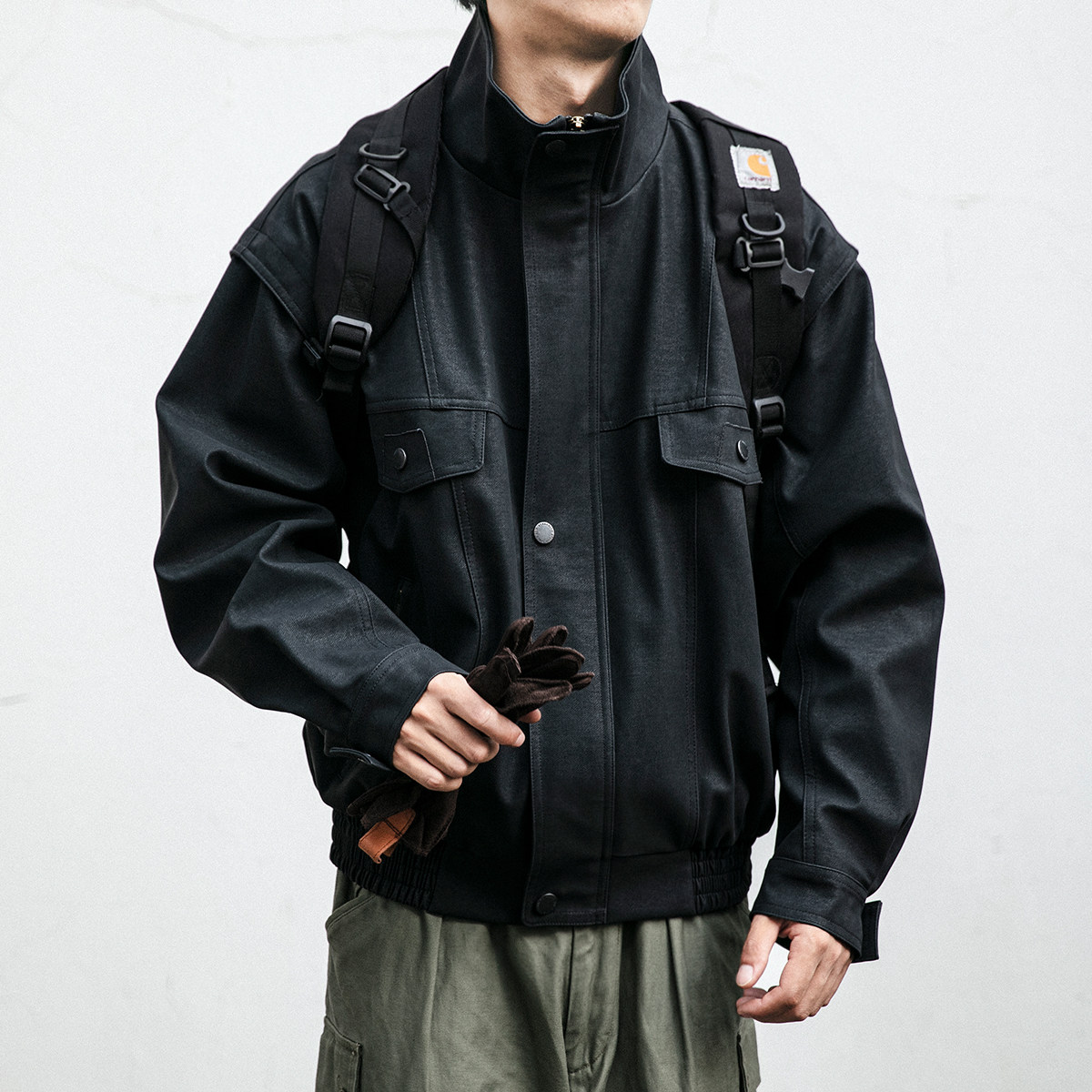 美式街头复古骑行机车朋克皮衣男休闲哈灵顿夹克宽松立领防风外套