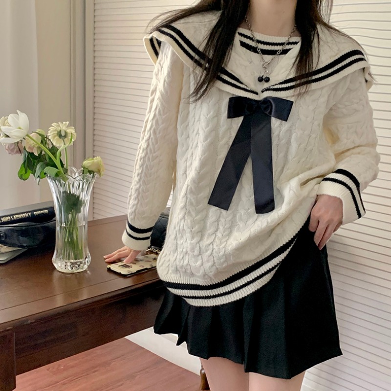 胖女生的衣服搭配学院风甜美可爱海军领慵懒风毛衣半身裙两件网红