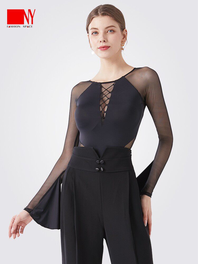 纳艺摩登舞服装上衣女成人摩登舞网纱袖拼接连体上衣长袖练功服