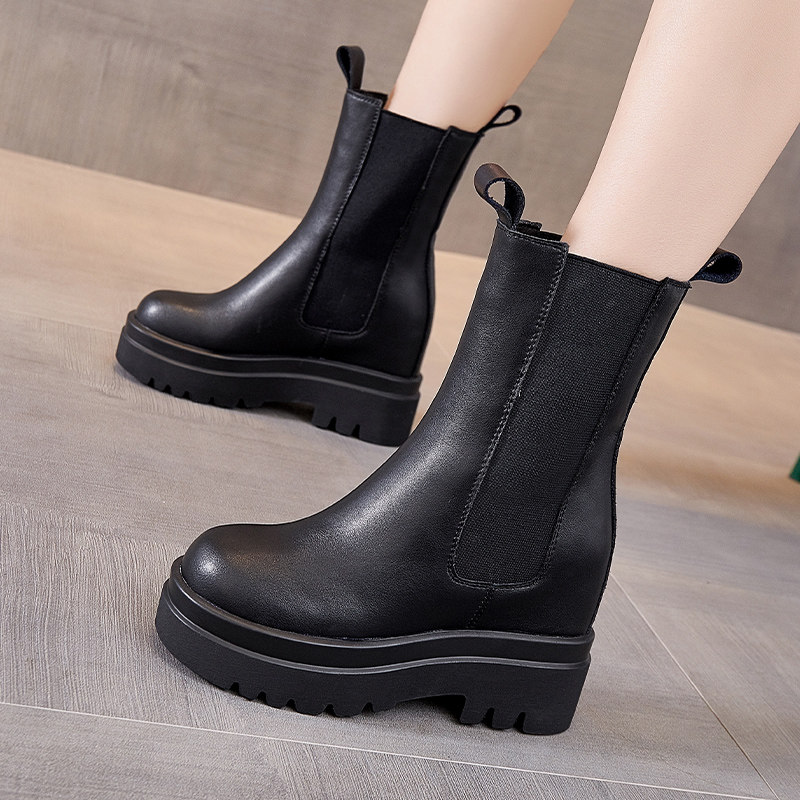 马丁靴女2021年春秋新款英伦风中筒烟管鞋百搭厚底内增高女靴黑色