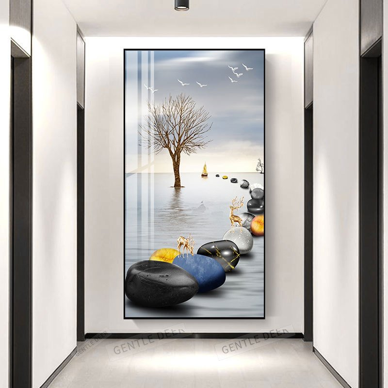 入户门正对墙挂画走廊过道进门九鱼图玄关装饰画竖版现代轻奢简单