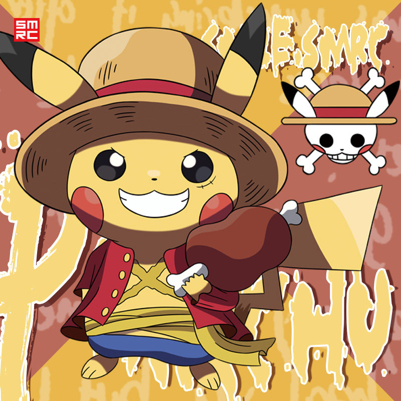 宝可梦皮卡丘联名路飞短袖男涂鸦印花t恤潮牌新款纯棉半袖情侣装