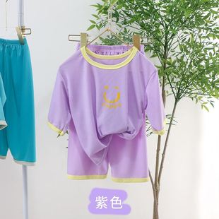 儿童夏季空调服套装中小男童七分裤家居服女童五分袖冰丝薄款睡衣