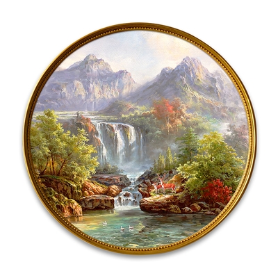 欧式手绘油画风景圆形装饰画玄关新中式小鹿山水瀑布美式聚z宝盆