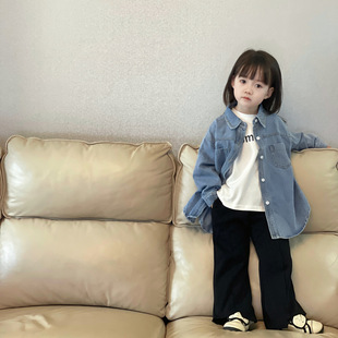 2023新款韩版男女童蓝牛仔衬衫中长款外套宝宝中小童开衫柔软上衣