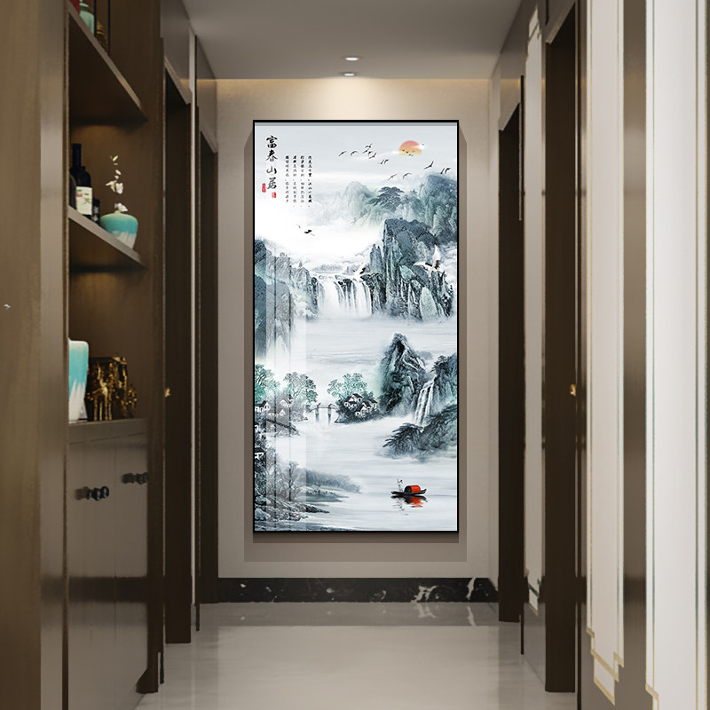 新中式玄关装饰画走廊尽头挂画入门玄关画竖版过道壁画大气山水画