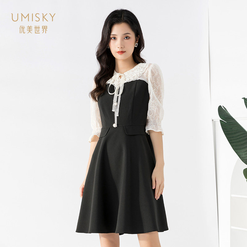 umisky优美世界女装夏季款时尚蕾丝拼接a字连衣裙vg2d1706