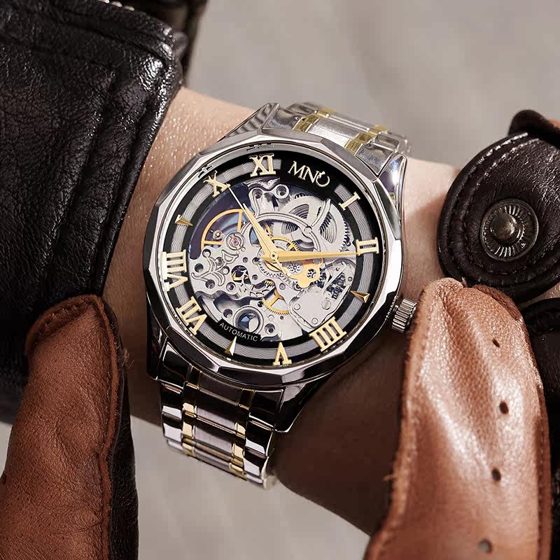 香港lawrenceli机械男女手表防水个性潮流街头镂空真皮精钢学生